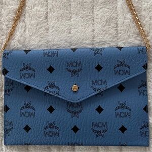 MCM Beauty GWP Blue Monogram Envelope Pouch with Gold Chain